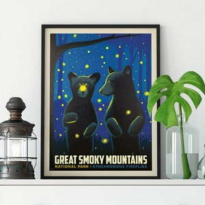 Great Smoky Mountains National Park Travel Poster by Anderson Design Group | Bear Cub Print | Fireflies Print (frame not included)