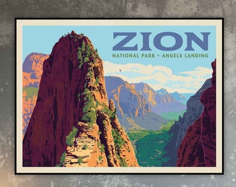 Zion National Park Travel Poster by Anderson Design Group | National Park Angels Landing Print | Zion Park Art Print (frame not included)