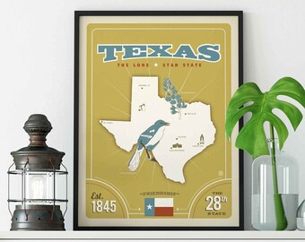 Texas Lone Star State Map Travel Poster by Anderson Design Group | Texas Map Art Print | Texas State Pride Print (frame not included)