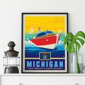 Michigan The Great Lakes State Travel Poster by Anderson Design Group | Michigan Lake Print | Great Lakes Boat Print (frame not included)