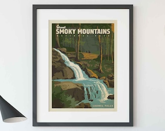Great Smoky Mountains Park Vintage Travel Poster by Anderson Design Group | Laurel Falls Print | Smoky Mtn Print (frame not included)