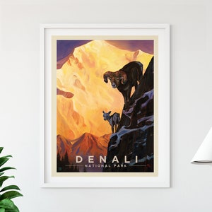 Denali National Park Vintage Travel Poster by Kai Carpenter Anderson Design Group | Denali Couple Art Print (frame not included)