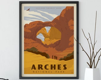 May include: A vintage-style poster with a retro illustration of a natural sandstone arch in Arches National Park, Utah. The poster is in shades of orange, yellow, brown, and blue. The text on the poster reads "Explore Double Arch" and "Arches National Park".