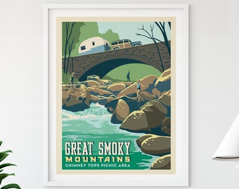 Smoky Mountains National Park Travel Poster by Anderson Design Group | Chimney Tops Picnic Area Print | Vintage Poster (frame not included)