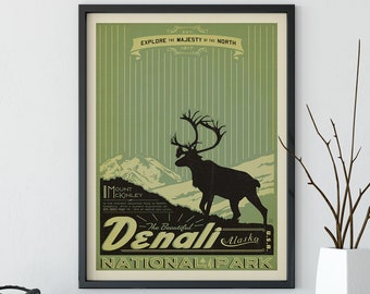 Denali National Park Vintage Travel Poster by Anderson Design Group | Mt McKinley Print | Denali Mountain Alaska Print (frame not included)