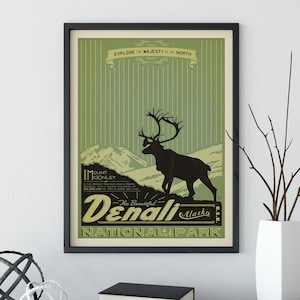 Denali National Park Vintage Travel Poster by Anderson Design Group | Mt McKinley Print | Denali Mountain Alaska Print (frame not included)