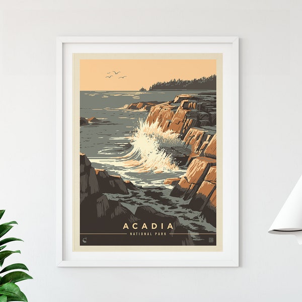Cartel de viaje vintage del Parque Nacional Acadia por Kenneth Crane y Anderson Design Group / National Parks Art Print (marco no incluido)
