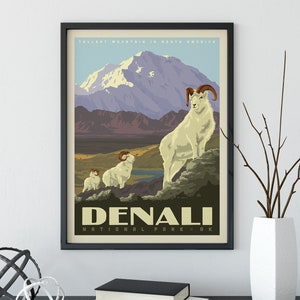 Denali National Park Vintage Travel Poster by Anderson Design Group | Big Horn Sheep Print | Denali Mountain Print (frame not included)