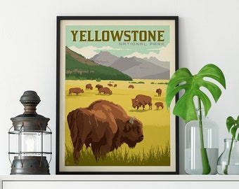 Cartel de viaje del Parque Nacional Yellowstone Buffalo por Anderson Design Group / Vintage Poster / Yellowstone Buffalo Print (marco no incluido)