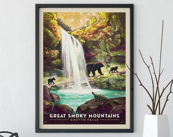 May include: A vintage-style travel poster featuring a scenic waterfall in the Great Smoky Mountains. The poster has a black frame and features a vibrant color palette with green, yellow, and blue hues. The text "Great Smoky Mountains Grotto Falls" is printed at the bottom of the poster.
