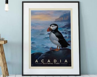 Acadia National Park Vintage Travel Poster by Anderson Design Group | National Park Art Print | Acadia Puffin Print (frame not included)