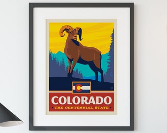 Colorado The Centennial State Travel Poster by Anderson Design Group | Colorado Art | Colorado State Big Horn Ram Print (frame not included)