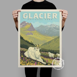 Glacier National Park Travel Poster by Anderson Design Group | National Park Glacier Print | Glacier Goat Print (frame not included)