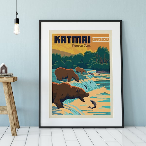 Katmai National Park Travel Poster by Anderson Design Group | National Park Print | Katmai Alaska Print (frame not included)