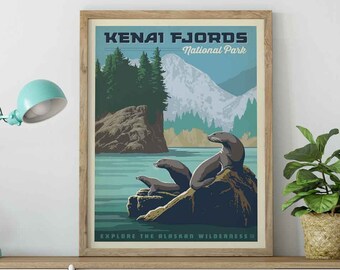 Kenai_Fjords National Park Travel Poster by Anderson Design Group | National Park Print | Kenai_Fjords Art Print (frame not included)