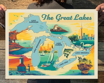 The Great Lakes: Map Travel Poster by Anderson Design Group | American Travel Print | Art Print (frame not included)