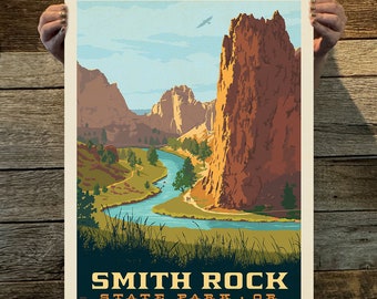 Puede incluir: Un cartel de viaje de estilo vintage que presenta una vista panorámica del Parque Estatal Smith Rock en Oregón. El cartel representa una imponente formación rocosa roja, un río sinuoso y árboles verdes exuberantes. El texto "Smith Rock State Park. OR" se muestra en la parte inferior del cartel.