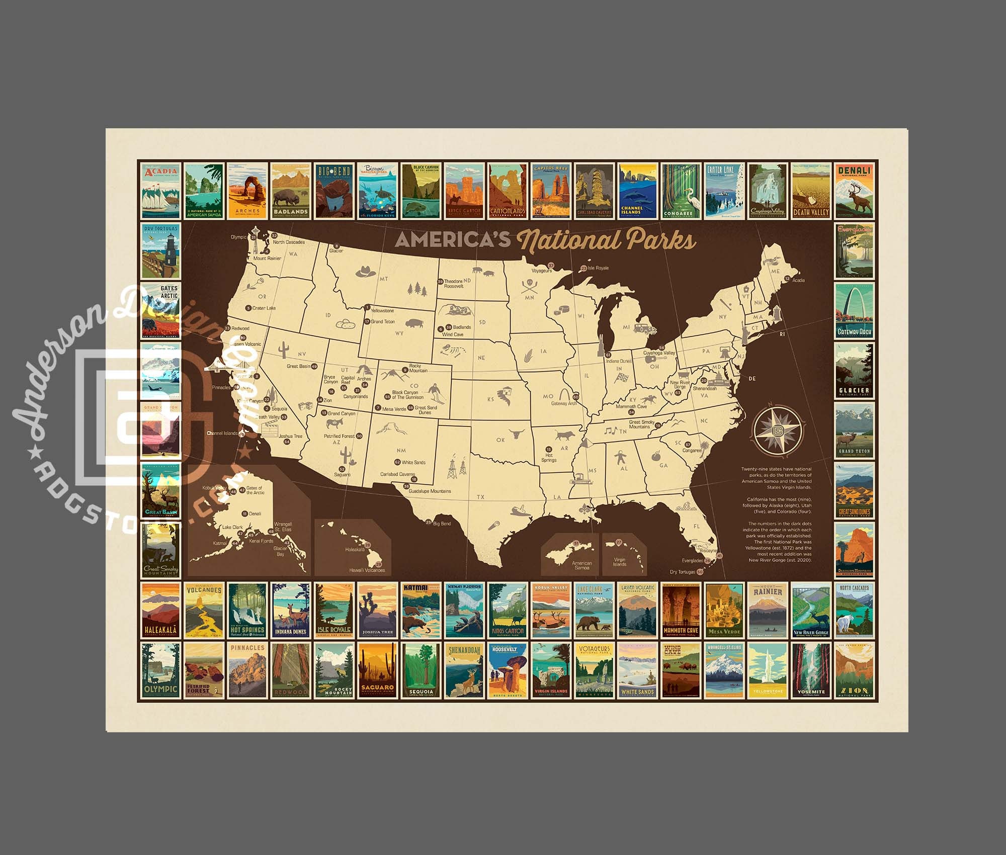 63 National Parks Map Travel Poster by Anderson Design Group | All