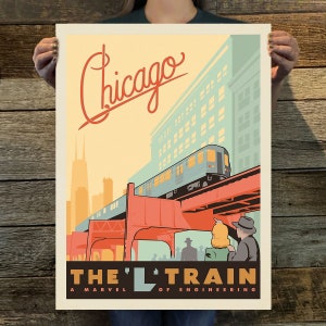 May include: A vintage travel poster for Chicago, Illinois, featuring a blue and white elevated train, a red bridge, and the text "Chicago" and "The 'L' Train, A Marvel of Engineering".