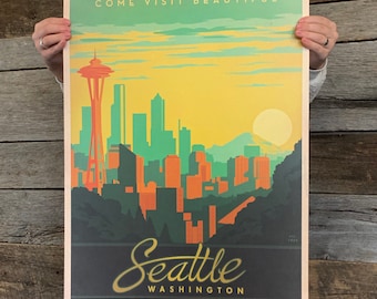 SALE: Seattle Washington Travel Poster by Anderson Design Group | Seattle Skyline Vintage Poster 18x24 Print (frame not included)