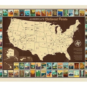 May include: A vintage-style map of the United States featuring illustrations of national parks. The map is brown with beige state outlines and park locations marked with small circles. The map is surrounded by a border of colourful illustrations of national parks.