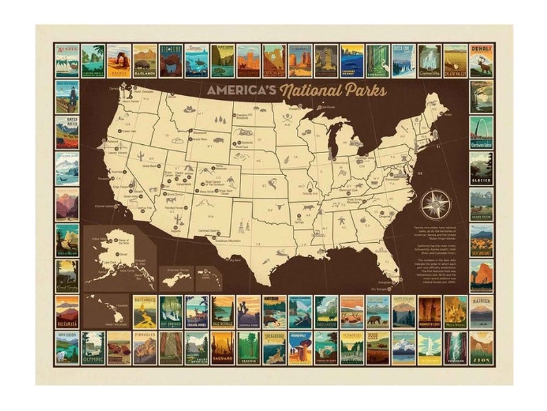 May include: A vintage-style map of the United States featuring illustrations of national parks. The map is brown with beige state outlines and park locations marked with small circles. The map is surrounded by a border of colourful illustrations of national parks.