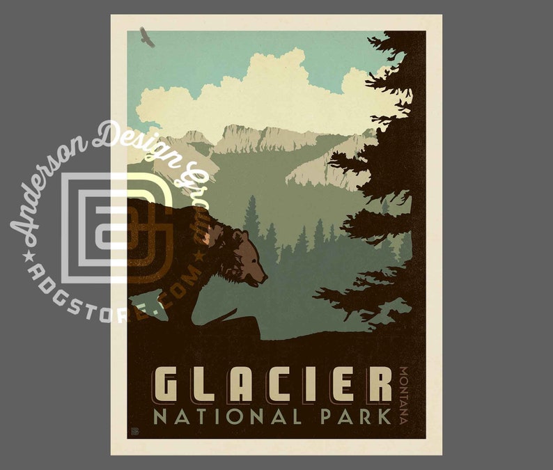 Glacier National Park Travel Poster by Anderson Design Group National Park Vintage Poster Glacier Print frame not included image 2