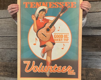 SALE: Tennessee Volunteer Travel Poster by Anderson Design Group | Nashville Guitar Cowgirl 18x24 Art Print (frame not included)