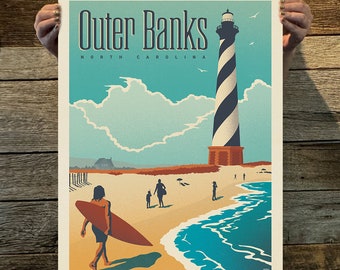 May include: A vintage travel poster featuring a lighthouse on a beach with a surfer walking on the sand. The poster has the text "Outer Banks North Carolina" at the top.