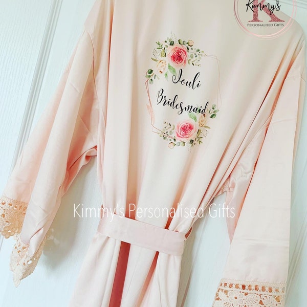 Bridal Robe, Blush Bridesmaid Robe, Bridal Gown, Lace Robes, Personalised Robes, Dressing Gown, Bridesmaid Gift, Bride to be Gift, Blush