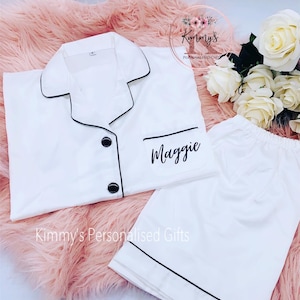 Bridesmaid Pyjamas, Bridesmaid Pjs, Adult PJs, Silk Pyjamas, Bride to be Gifts, Bridesmaid Gifts, Personalised Pjs, Pyjamas, White pyjamas