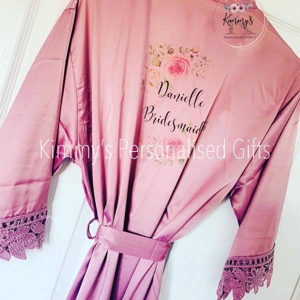 Bridal Robe, Mauve Bridesmaid Robe, Bridal Gown, Lace Robes, Personalised Robes, Dressing Gown, Bridesmaid Gift, Bride to be Gift,