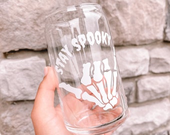 Stay Spooky Skeleton Hand Glass Can | Stay Spooky Cup | Retro Halloween | Halloween Cup | Skeleton Cup | Spooky Season | Autumn Cup