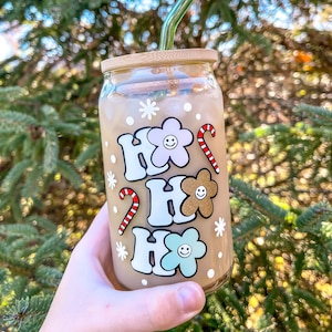 Retro Christmas Glass Cup / Groovy Christmas Glass Cup / Ho Ho Ho / Iced Coffee Cup / Holiday Glass Cup / Christmas Mug / Christmas Gift