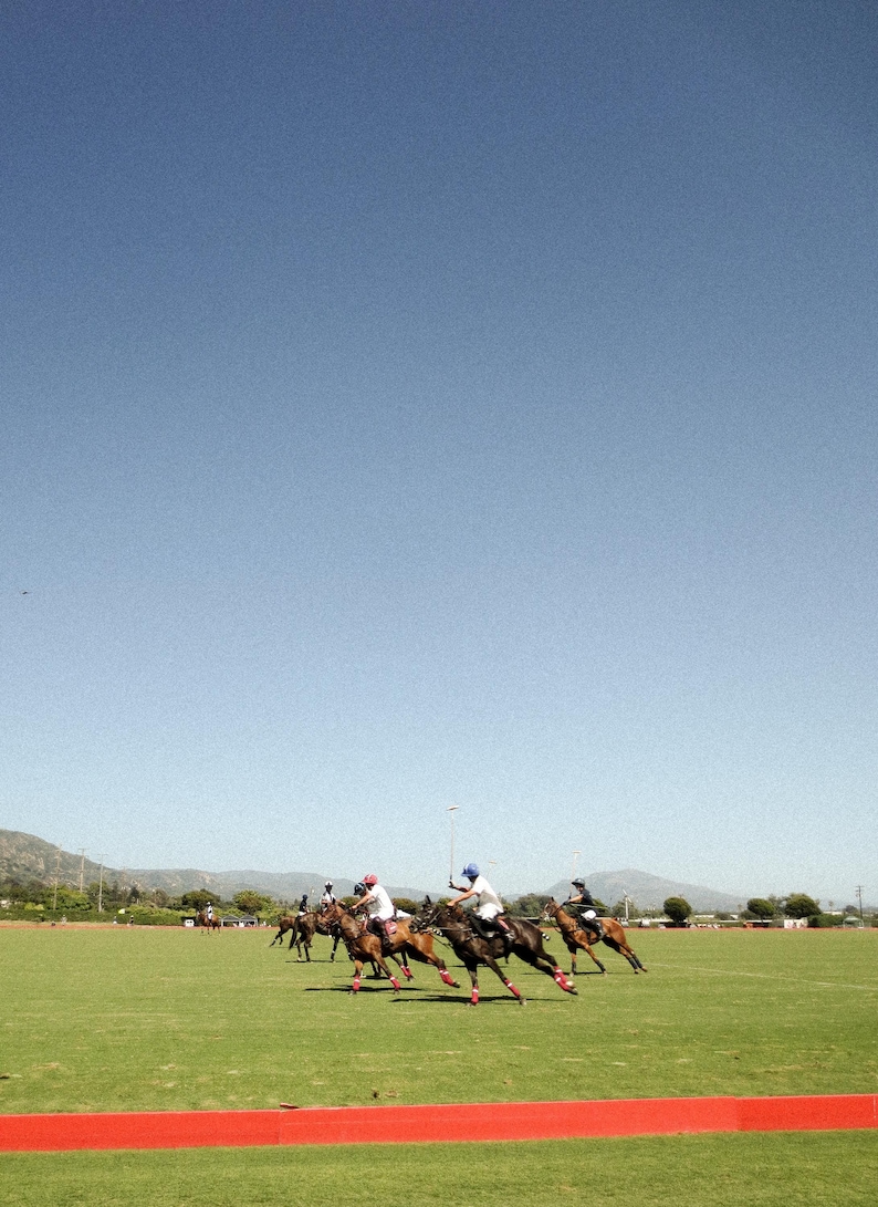 K&ouml;nnte beinhalten: Eine Gruppe von Menschen auf Pferden, die Polo auf einem gr&uuml;nen Feld mit einer roten Linie spielen, die &uuml;ber das Feld verl&auml;uft. Die Spieler tragen Helme und reiten braune Pferde.