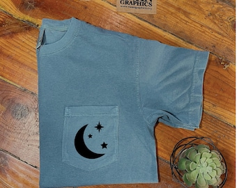 Moon & Stars Comfort Colors Pocket Tee: Boho Vintage Shirt