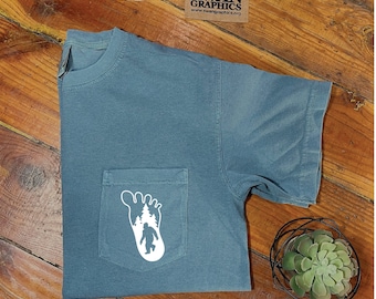 Bigfoot Pocket Tee, Comfort Colors Pocket T-Shirt, Sasquatch Silhouette, Nature Shirt