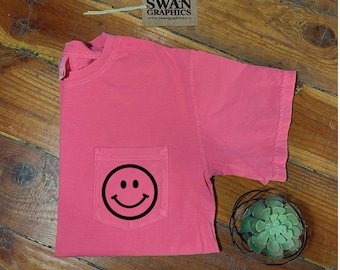 Comfort Colors T-Shirt: Simple Smiley Face Pocket Tee
