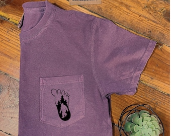 Bigfoot Pocket Tee, Comfort Colors Pocket T-Shirt, Sasquatch Silhouette, Nature Shirt
