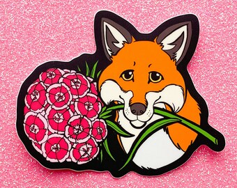 Fox with Sweet William Flower Vinyl Sticker