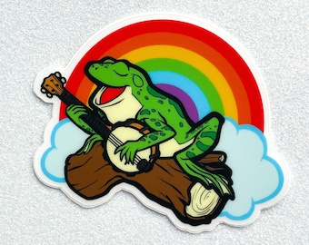 Banjo-Playing Green Frog Who Sings of Rainbows CLEAR VINYL STICKER