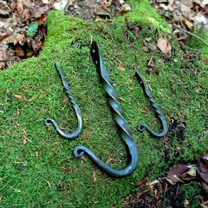 Könnte beinhalten: Drei schwarze Metallhaken mit einem gedrehten Design. Die Haken hängen an einer moosbewachsenen grünen Oberfläche.