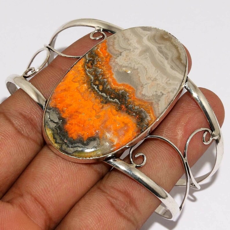 Natural Bumble bee jasper Adjustable Handmade 925 silver plated gemstone Bangle U12827