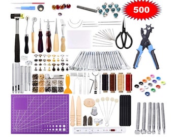 Ultimate leatherworking beginner set - 500 leather tools and hardware - Quality leather craft starter kit - Great Christmas gift!
