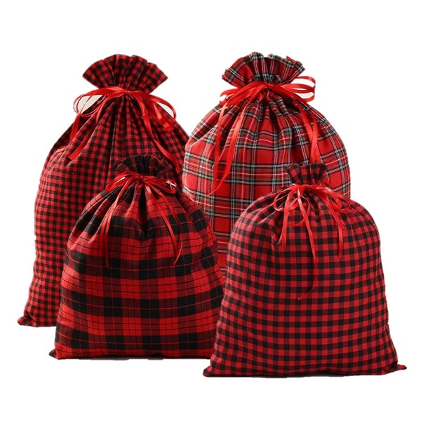 Red Plaid Gift Sack Set -Large and Extra Large Red Plaid Christmas Gift Bag - Drawstring Sack - Drawstring Santa Sack Gift Bags