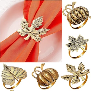 Fall Napkin Ring Set 6pcs Fall Leaves and Pumpkin Napkin rings Metal Table Napkin Rings for Thanksgiving, Events, Decor, and Guests image 1