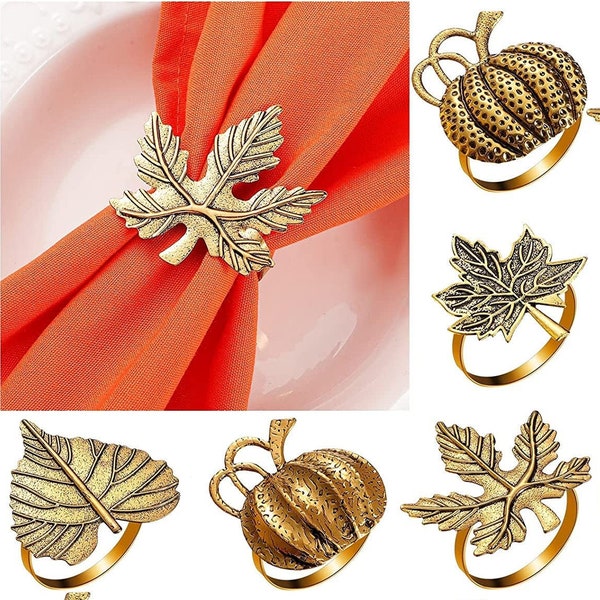 Fall Napkin Ring Set 6pcs  - Fall Leaves and Pumpkin Napkin rings - Metal Table Napkin Rings for Thanksgiving, Events, Decor, and Guests
