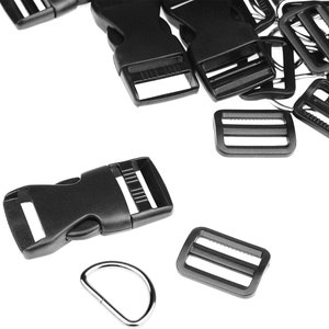 May include: A close-up of black plastic buckle closures for straps, including a side release buckle, a slider buckle, and a D-ring.