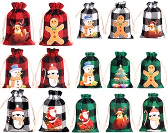 Gift Bags - Treat Bags - Gift card bags - 6ct Drawstring Bags with Holiday Reindeer Snowman Gingerbread Santa Designs -P