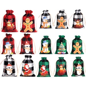 Gift Bags - Treat Bags - Gift card bags - 6ct Drawstring Bags met Holiday Reindeer Snowman Gingerbread Santa Designs -P